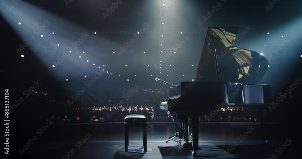 Establishing Footage with a Black Grand Piano with a Microphone Standing on a Concert Stage Under Spotlights. Music Instrument Ready to Be Used by an Extravagant Music Artist and Singer