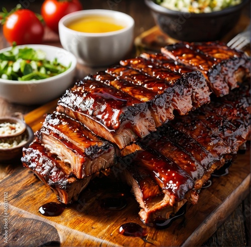 A close-up shot of succulent BBQ ribs, glistening with a sticky glaze and charred edges, on a smoky grill. photo