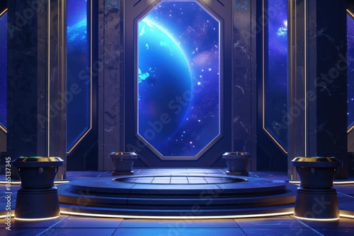 Fototapeta Naklejka Na Ścianę i Meble -  Futuristic Sci-Fi spaceship interior with empty platform, large window view of Earth and space. Concept of galaxy exploration, alien architecture, and advanced technology.