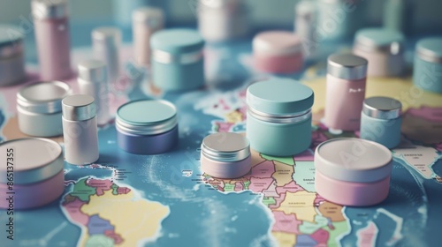 Global Beauty Travelsized Cosmetic Containers on World Map Perfect for Wanderlust and OntheGo Adventures photo