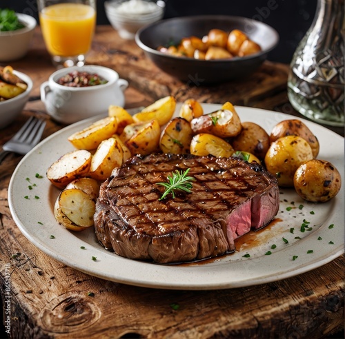 A close-up shot of a thick, juicy steak with a side of grilled baby potatoes, all with beautiful grill marks. photo