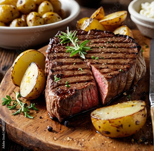 A close-up shot of a thick, juicy steak with a side of grilled baby potatoes, all with beautiful grill marks. photo