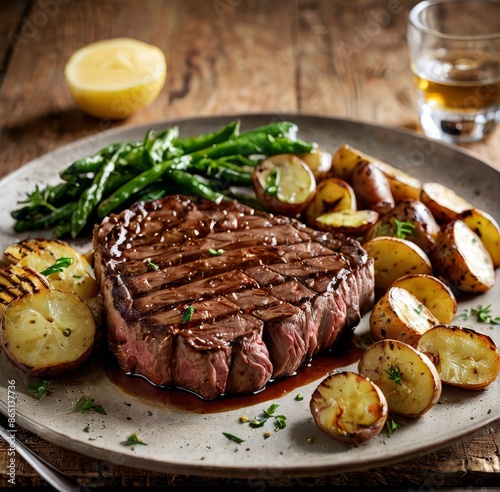A close-up shot of a thick, juicy steak with a side of grilled baby potatoes, all with beautiful grill marks. photo
