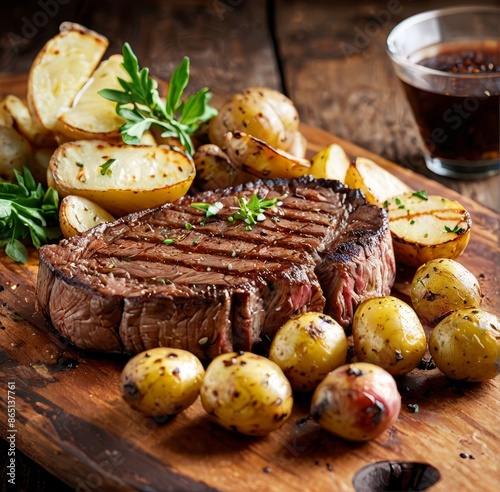 A close-up shot of a thick, juicy steak with a side of grilled baby potatoes, all with beautiful grill marks. photo