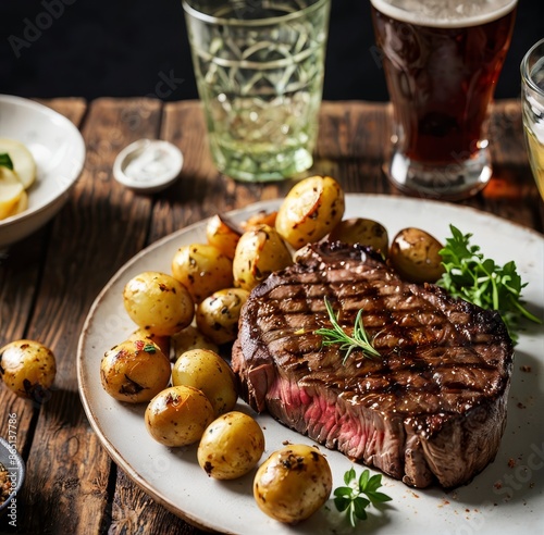 A close-up shot of a thick, juicy steak with a side of grilled baby potatoes, all with beautiful grill marks. photo