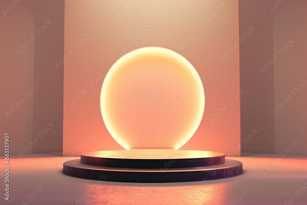 Empty podium with glowing neon circle for product display with orange light. Pedestal platform for showcasing products or brands. Mockup template concept. Empty podium with glowing neon circle for product display with orange light. Pedestal platform for showcasing products or brands. Mockup template concept.