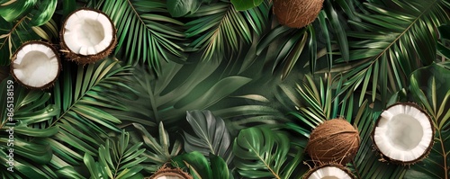 Tropical background with copy space made of fresh coconuts and palm tree leaves