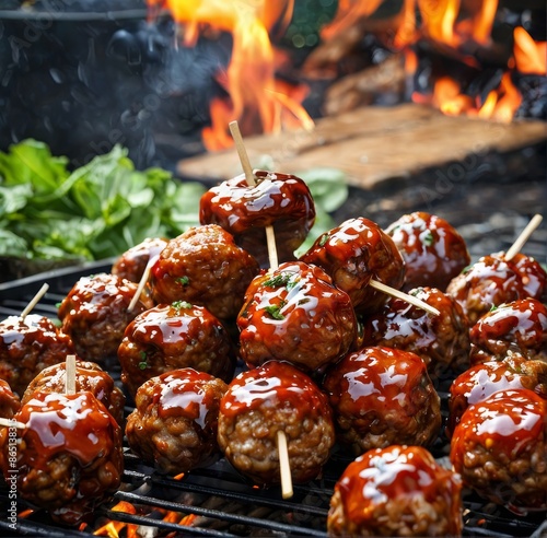 A close-up of BBQ meatballs, glazed with a sticky sauce and charred on the grill. photo