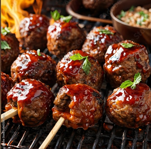 A close-up of BBQ meatballs, glazed with a sticky sauce and charred on the grill. photo