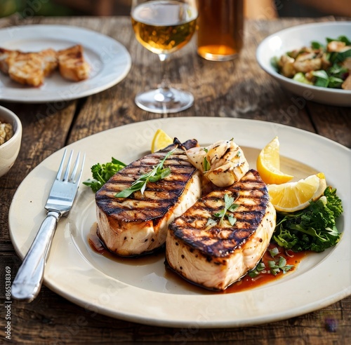 A close-up of swordfish steaks, perfectly grilled with a crispy exterior and juicy interior. photo