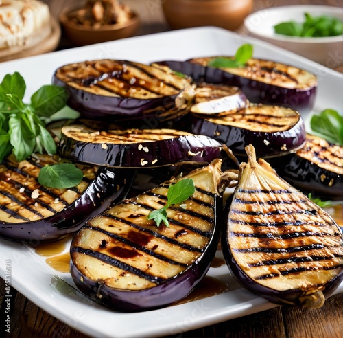 A close-up of thick eggplant slices, grilled and drizzled with a balsamic glaze. photo