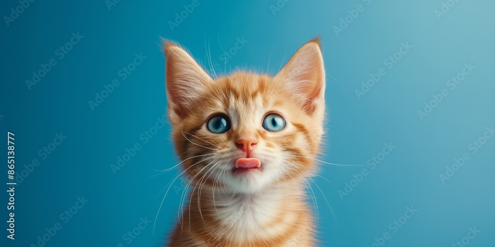 Obraz premium A cute orange cat with blue eyes is looking at the camera. The cat has a pink tongue sticking out of its mouth