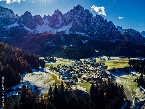 The Sappada valley among the Dolomites seen from above. photo