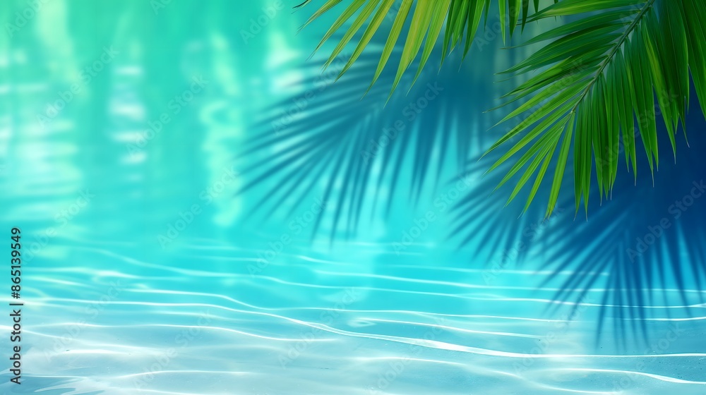 Blue water surface, pure water surface, palm leaves, and water reflection, natural background, water background, blue background Blue water surface, pure water surface, palm leaves, and water reflection, natural background, water background, blue background
