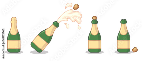 Set of opened and corked bottles of champagne on white background. Vector illustration for store, cafe, bar, party, cocktail recipe. Object for menu, poster, website, flyer, invitation,postcard, print