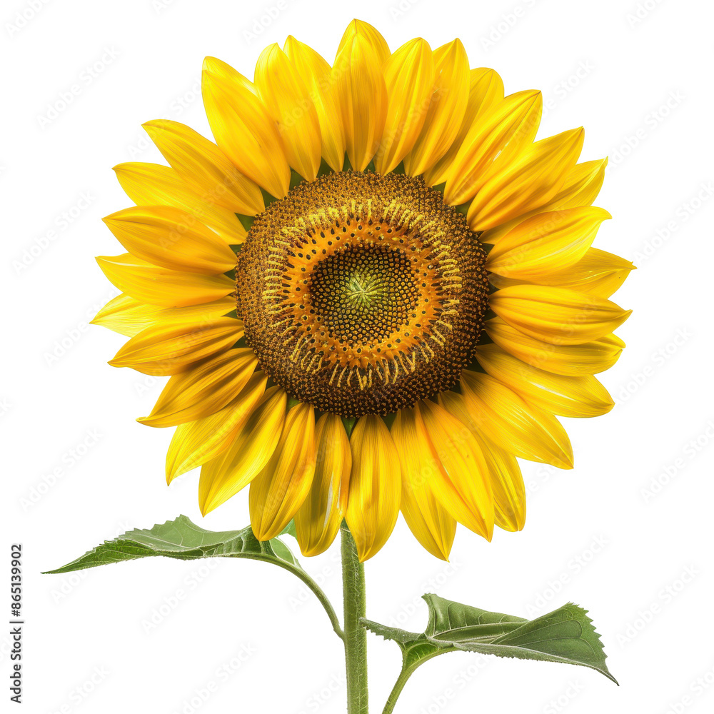 A vibrant, bright yellow sunflower with green leaves, isolated on a transparent background A vibrant, bright yellow sunflower with green leaves, isolated on a transparent background