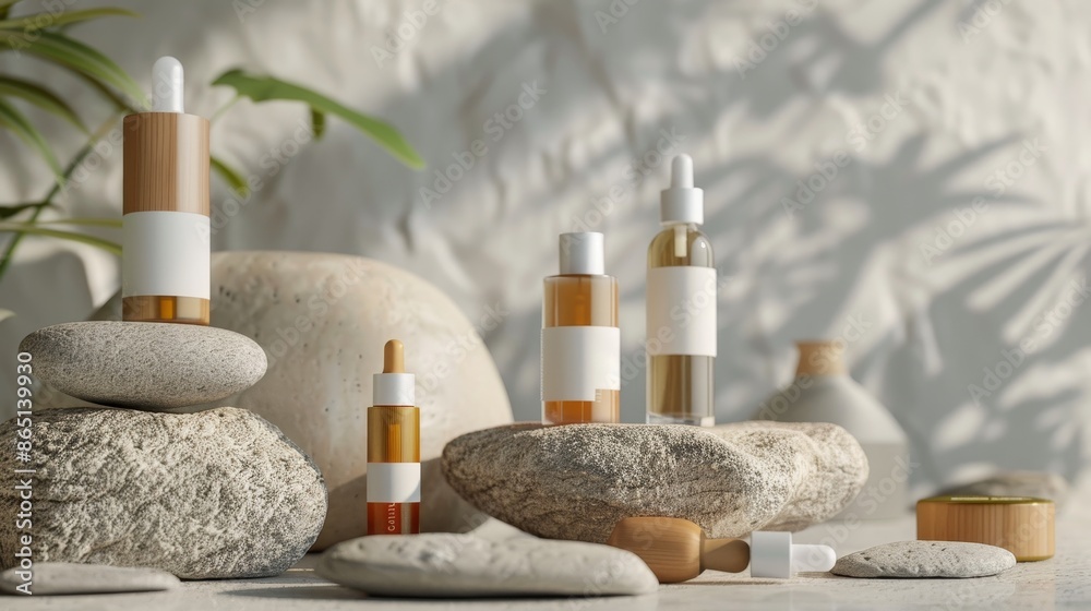 Zen Skincare Serene Still Life of Natural Beauty Products with Wooden Caps in Stone Circle Zen Skincare Serene Still Life of Natural Beauty Products with Wooden Caps in Stone Circle