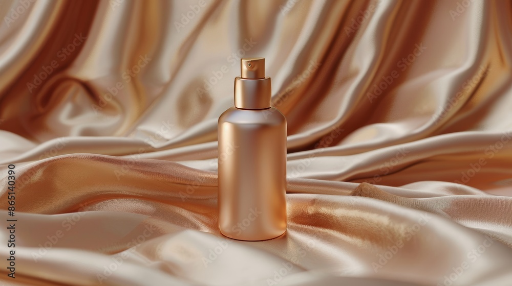 Naklejka premium Radiant Elegance Luxurious Skincare Bottle on Silk Fabric Beauty Sophistication and Glamour in Every Drop
