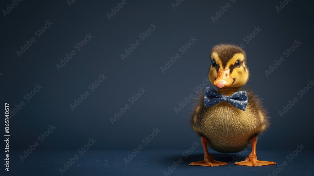 Cute duckling wearing a bow tie on a dark blue background.