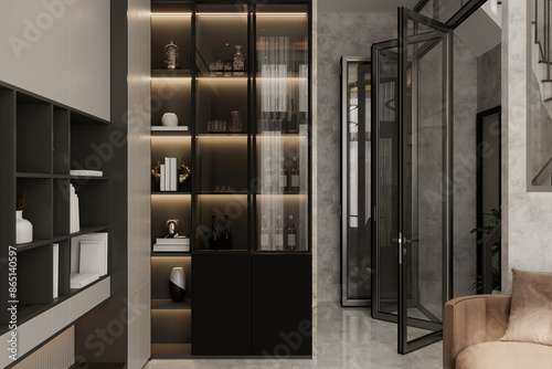 modern walk-in unit shelved with transparent doors and a sleek black finish