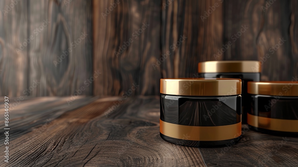 Luxurious Black and Gold Skincare Jars on Dark Wood Grain Elegant Beauty Essentials for Your Vanity Luxurious Black and Gold Skincare Jars on Dark Wood Grain Elegant Beauty Essentials for Your Vanity