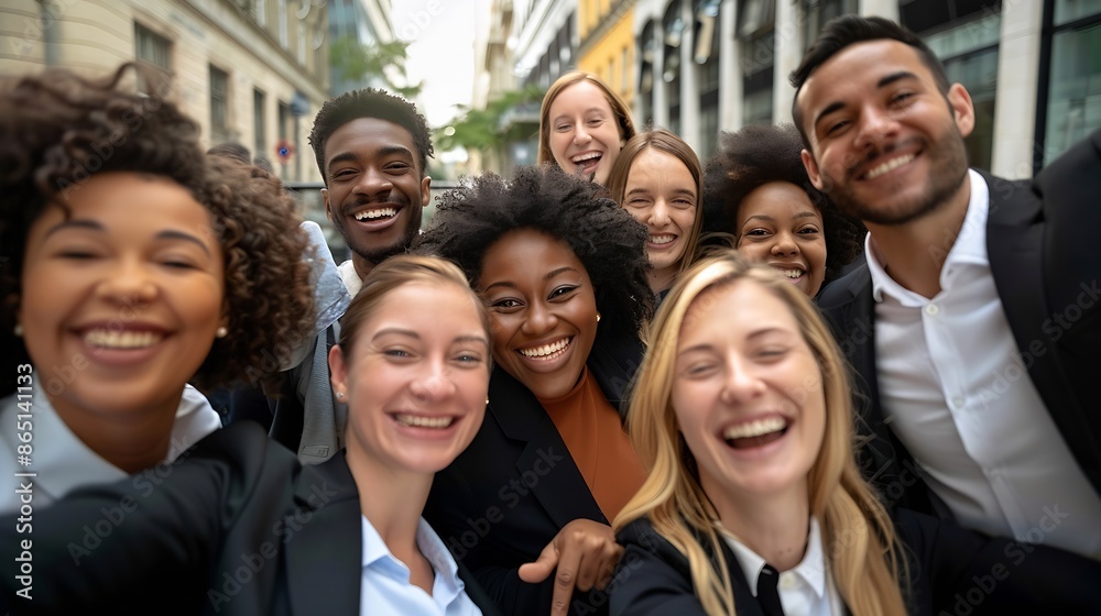 Selfie of a cheerful team of diverse business people in formal suit looking smiling at camera gathered outside the work building Positive emotion team work celebrating success together : Generative AI Selfie of a cheerful team of diverse business people in formal suit looking smiling at camera gathered outside the work building Positive emotion team work celebrating success together : Generative AI