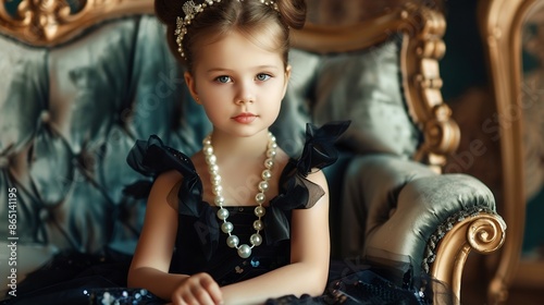 Evening childrens Fashion  clothing and jewelry A beautiful little girl model in a puffy black evening dress and an expensive pearl necklace poses in a luxury interior Evening hairstyl : Generative AI photo