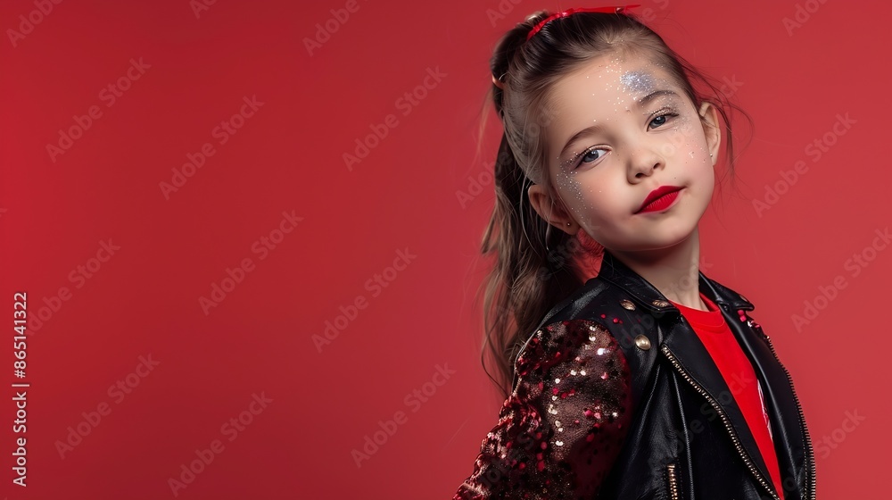 Childrens fashion Portrait of a little cute girl with glitter makeup in fashionable clothes and accessories of a pop and rock musician on a red studio background Little fashiongirl : Generative AI Childrens fashion Portrait of a little cute girl with glitter makeup in fashionable clothes and accessories of a pop and rock musician on a red studio background Little fashiongirl : Generative AI
