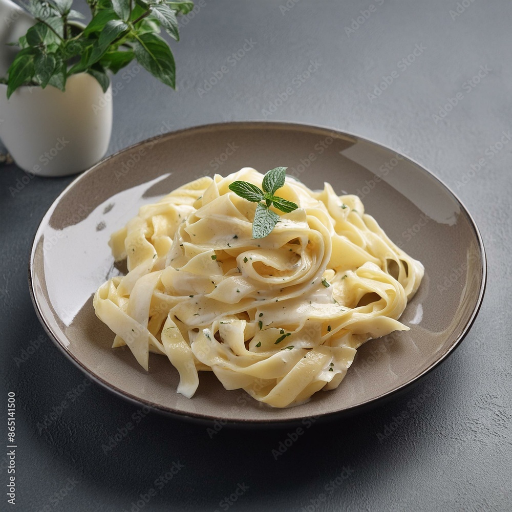 Alfredo pasta in dinner plate with creamy white sauce and herbs Alfredo pasta in dinner plate with creamy white sauce and herbs