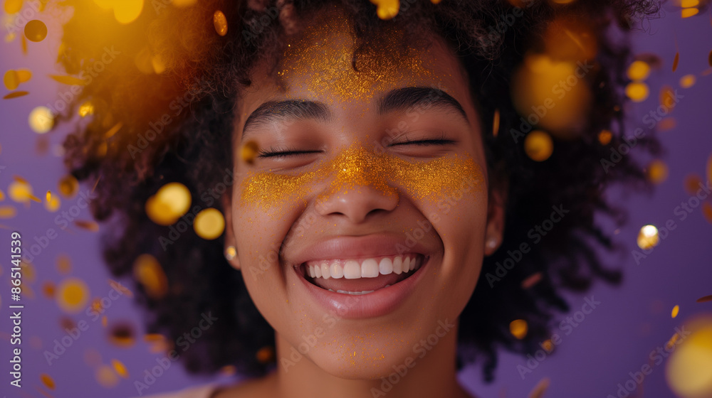 Young Black Woman Celebrating Dancing at Disco Party with Gold Confetti: Joyful Celebration in Vibrant Atmosphere Young Black Woman Celebrating Dancing at Disco Party with Gold Confetti: Joyful Celebration in Vibrant Atmosphere