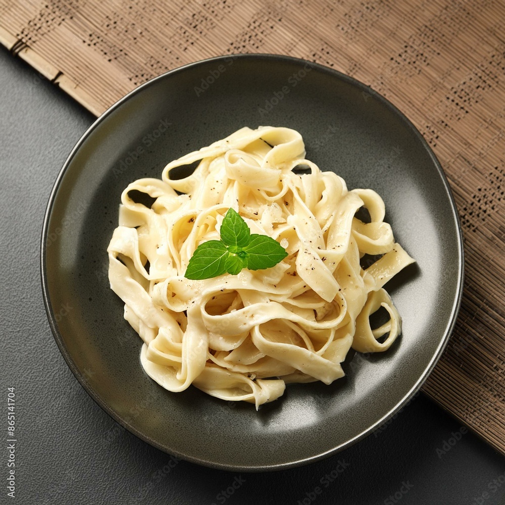 Alfredo pasta in dinner plate with creamy white sauce and herbs Alfredo pasta in dinner plate with creamy white sauce and herbs