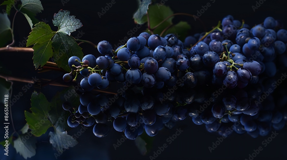 Blue grapes and vine branches on a black reflective background Copy space : Generative AI Blue grapes and vine branches on a black reflective background Copy space : Generative AI
