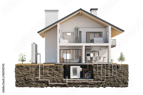 Cross-section view of a house showing the plumbing and heating systems.