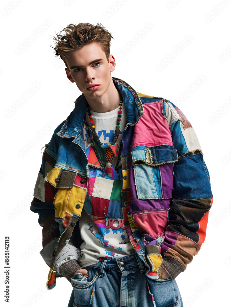 A young man with tousled hair wearing a colorful patchwork jacket and jeans, posing with a serious expression. A young man with tousled hair wearing a colorful patchwork jacket and jeans, posing with a serious expression.