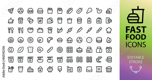 Fast Food UI icons for app and web project. Set of fast food combo, pizza slice, burger, hot dog, drinks, baking, taco, barbecue, shawarma, breakfast, asian food box, noodles, sushi vector icon