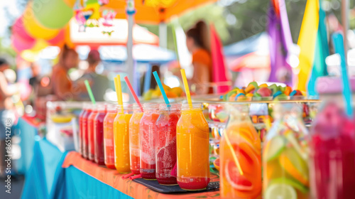 Colorful juice jars with straws at a vibrant outdoor market