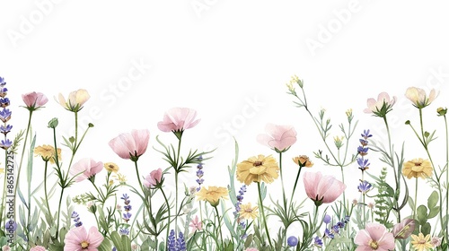 Fototapeta Naklejka Na Ścianę i Meble -  Watercolor frame border of dainty wildflowers in soft pink, sage green, pale yellow, and lavender colors, isolated on a white background.