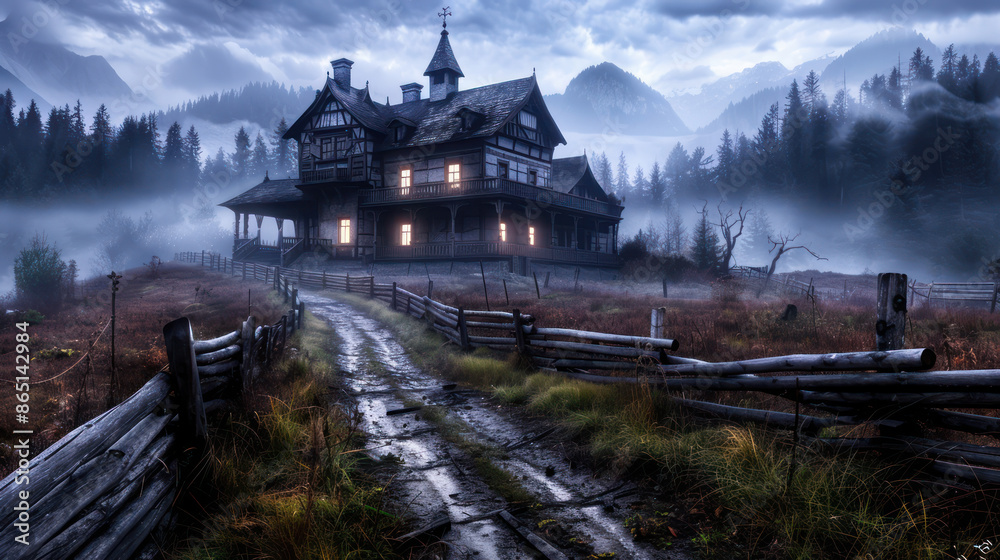 Fototapeta premium Explore a Haunted House with a Creepy Butler for a Spooky and Fun Halloween Night Adventure Perfect for Thrill Seekers and Families, Complete with Chilling Decorations and Eerie Atmosphere
