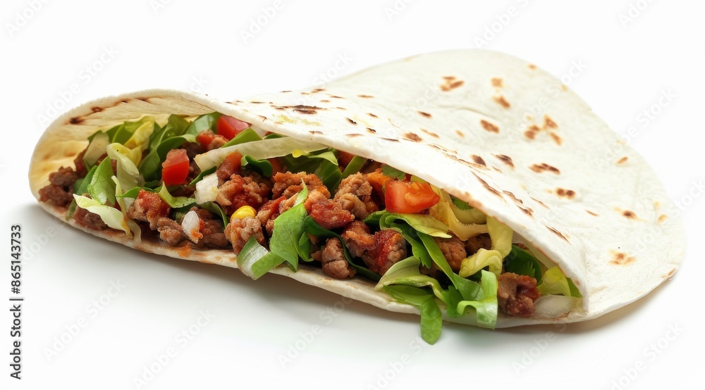 taco with lettuce and meat inside the tortilla on white background taco with lettuce and meat inside the tortilla on white background