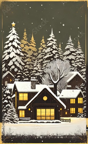 Dark night time theme Illustration style Christmas design with snow covered village houses and a stylized gold art frame	
