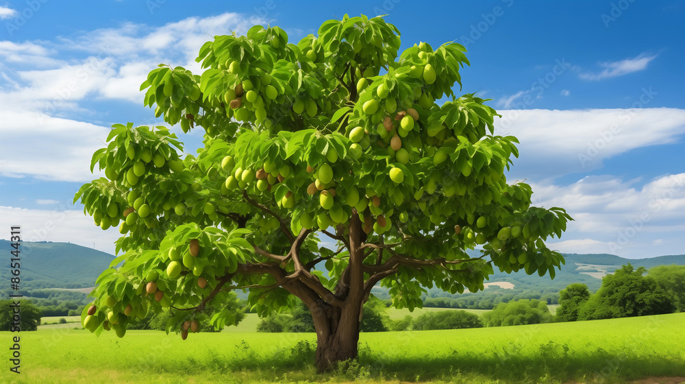 A large mango tree with a lush crown in nature on a clear, bright day A large mango tree with a lush crown in nature on a clear, bright day
