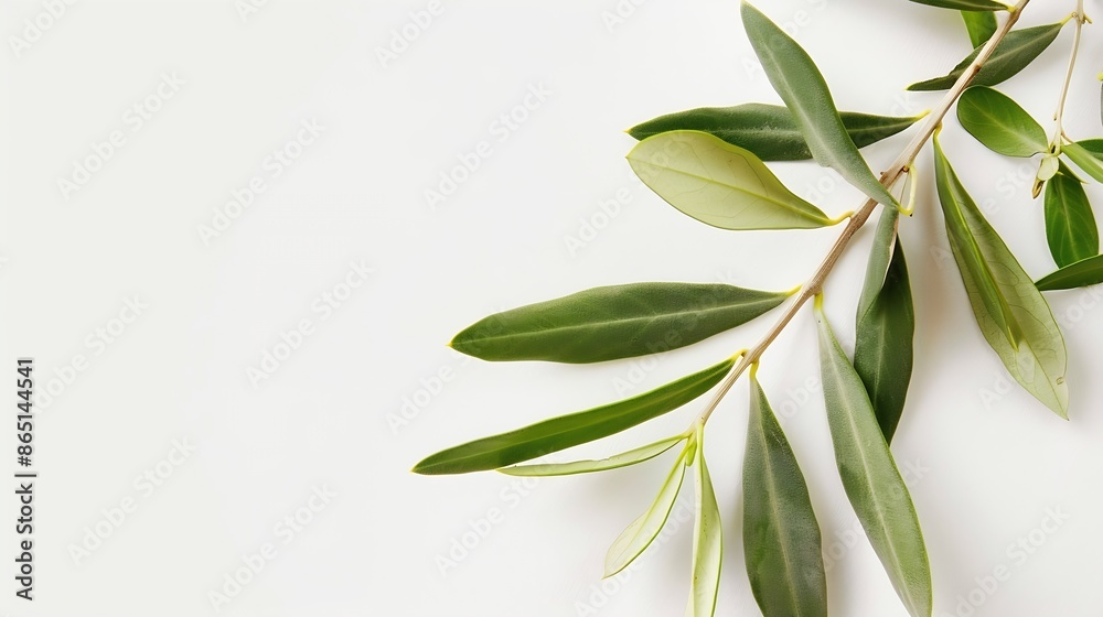 Obraz premium Fresh olive branch leaves isolated on white background closeup : Generative AI
