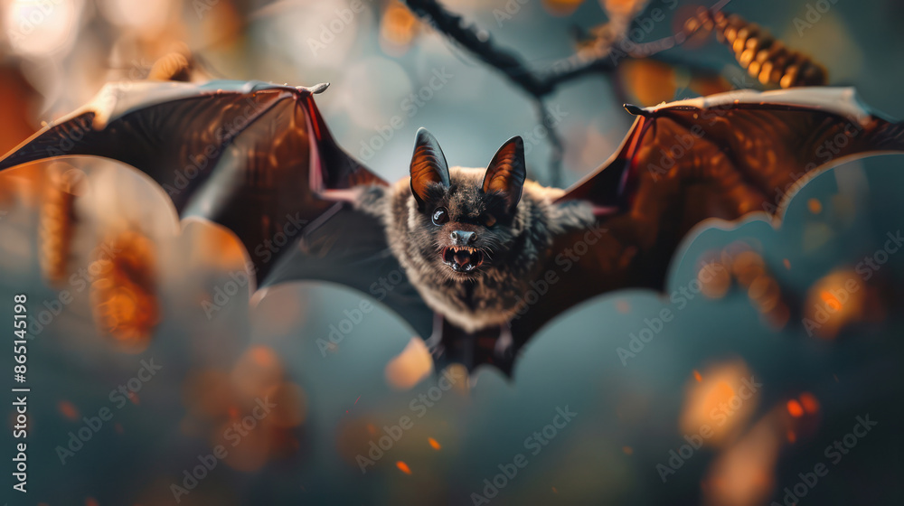 Obraz premium Spooky Bat Decorations, Flying in the Night, Eerie Halloween Setting Create the Perfect Haunted Atmosphere with Nighttime Bats and Chilling Halloween Decorations for a Frightful Night