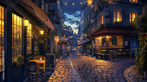 Cozy Parisian street at dusk with illuminated cafes and cobblestone pavement Lofi Anime Style