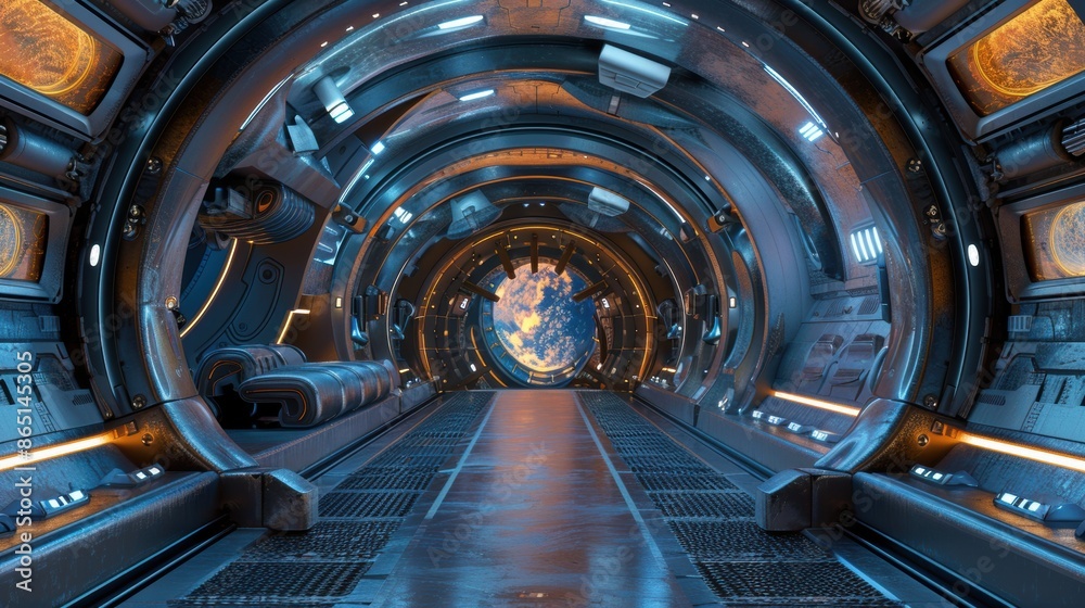 Futuristic spaceship interior corridor with earth view Futuristic spaceship interior corridor with earth view