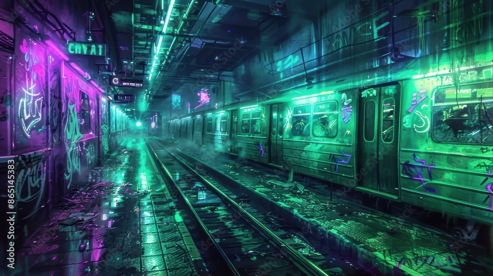 Neon-lit subway station in a cyberpunk post-apocalyptic world Neon-lit subway station in a cyberpunk post-apocalyptic world