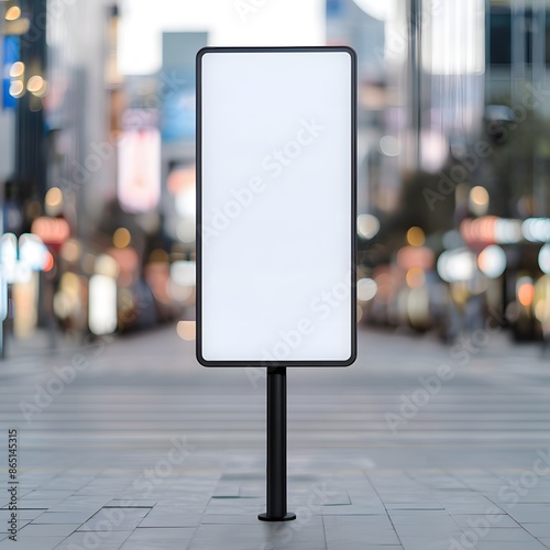 Blank advertising display on a city street surrounded by blurred urban buildings and lights, perfect for mockups and graphic presentations.
