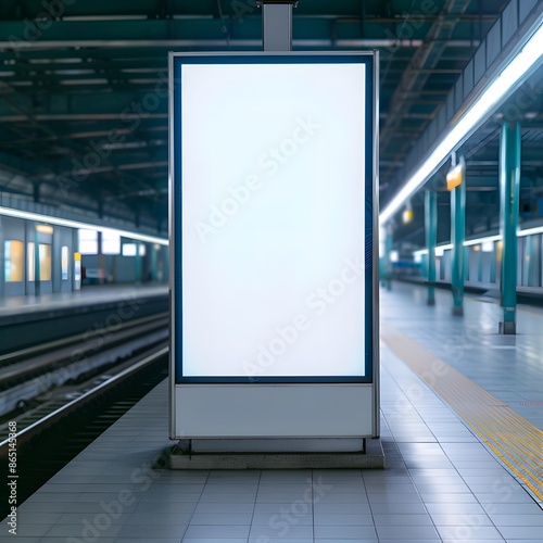 Blank billboard at a modern train station platform, ideal for advertising mockups and promotional displays under bright lights.