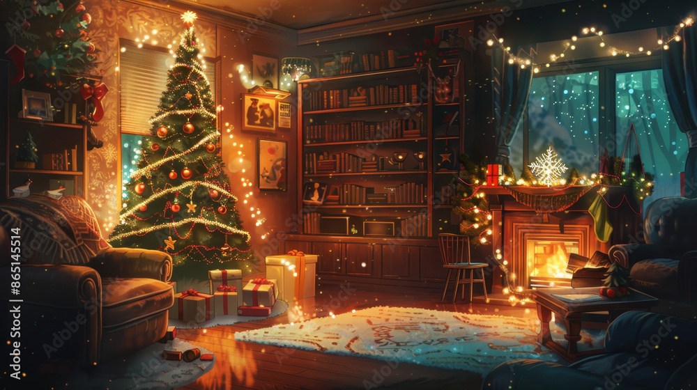 Cozy living room with decorated Christmas tree, presents, and lit fireplace on a snowy winter evening Lofi Anime Style Cozy living room with decorated Christmas tree, presents, and lit fireplace on a snowy winter evening Lofi Anime Style
