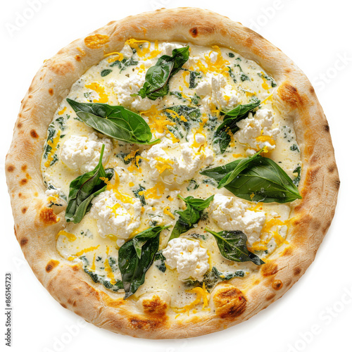 A pizza with creamy ricotta, lemon zest, and spinach, isolated on white background